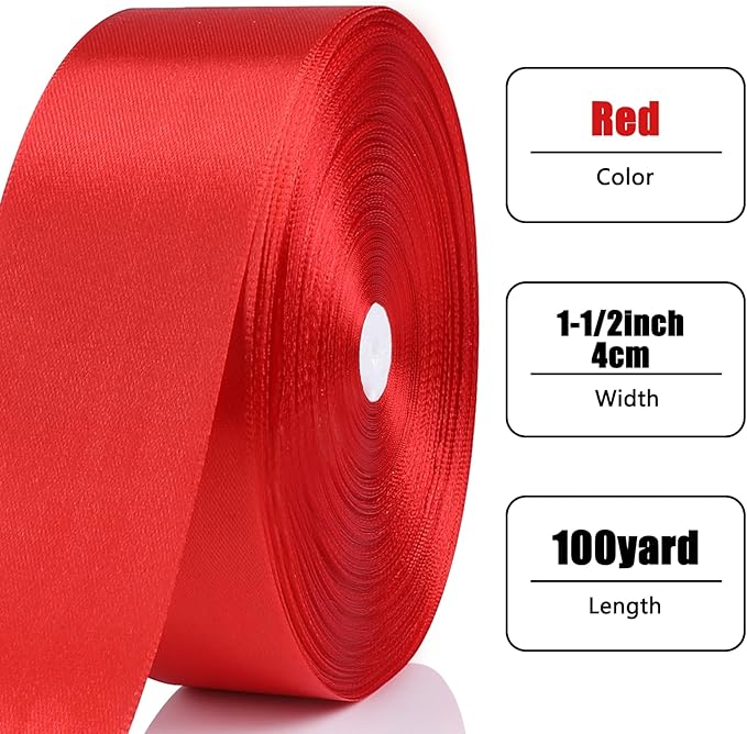 NESCCI 100 Yards Ribbon,1-1/2 Inch Red Satin Ribbon,Single Face Satin Ribbons,Perfect for Gift Wrapping,Wedding Decoration,Handmade Bows, Wrapping Bouquet and More