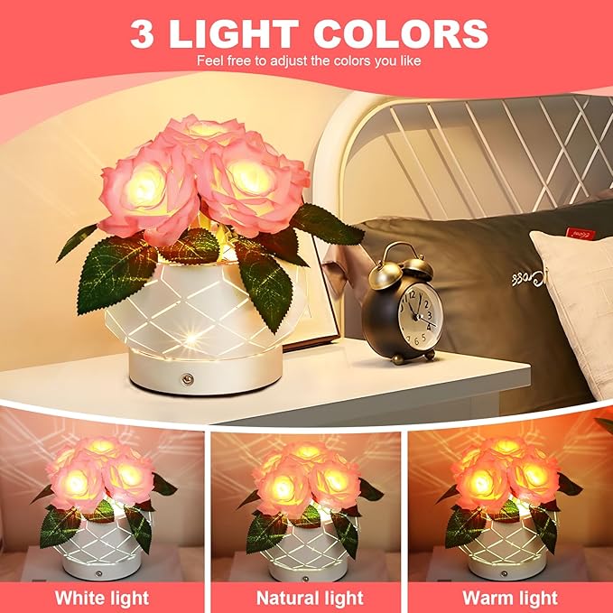 Roses Flower Touch Table Lamp,Rechargeable Cordless 3-Colour Dimming Small Night Light for Festival Housewarming Home Decor Birthday Gifts for Bedroom, Living Room Dining Room