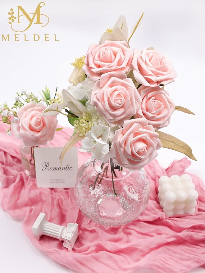 Meldel Artificial Flowers 25pcs Real Looking Blush Foam Fake Roses with Stems for DIY Wedding Bouquets Bridal Shower Centerpieces Floral Arrangements Home Decorations