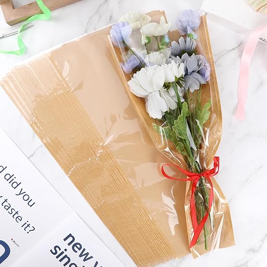 Jansun 100Pcs Flower Wrapping Bags Kraft Paper Flower Sleeves for Bouquets Flower Bags for Birthday Wedding Graduation Gift, Florist Wrap Supplies 9.8x17.9 Inch