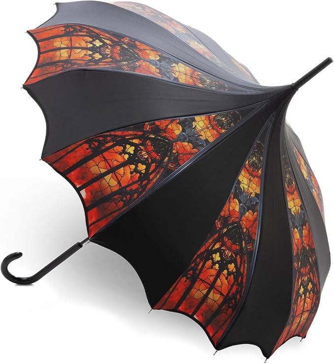 Pagoda Umbrella - Artisan Design with Bat Wing Scalloped Edges, Full Size Waterproof Windproof UV Protection Gothic Parasol with Carry Case