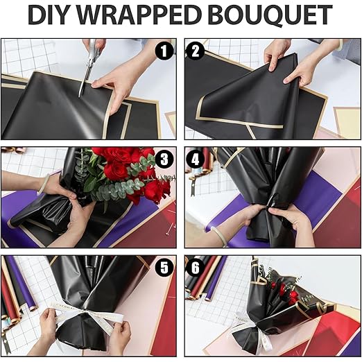Woohome 152 PCS Flower Bouquet Wrapping Paper Floral Wrap Sheets Gift Packaging Paper with 3D Butterflies Diamond Pins Ribbons for Wedding Valentines Florist Supplies, Black