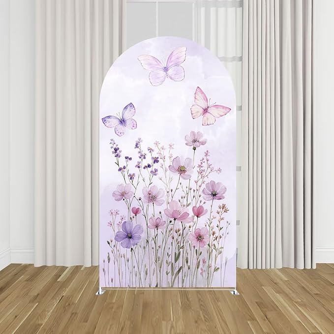 KONPON Butterfly Arched Backdrop Cover Spring Pink Purple Flowers Stretchy Arched Stand Cover for Girls Birthday Party Decorations (No Stand!)