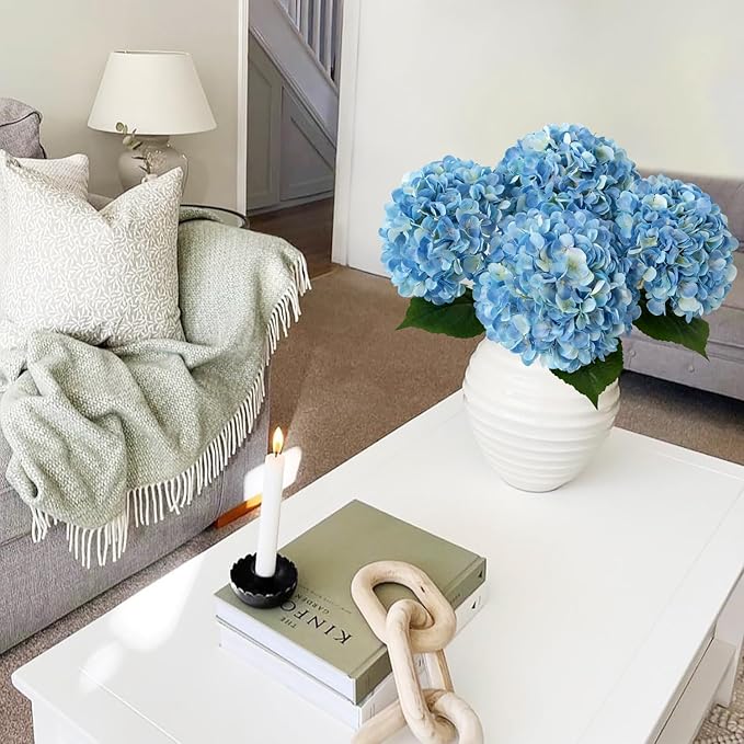 Blue Flowers Hydrangea Artificial Flowers, 4Pcs 22" Large Lifelike Silk Artificial Hydrangeas, Full Fake Flowers for Bouquet Table Centerpieces Outdoor Wedding Indoor Home