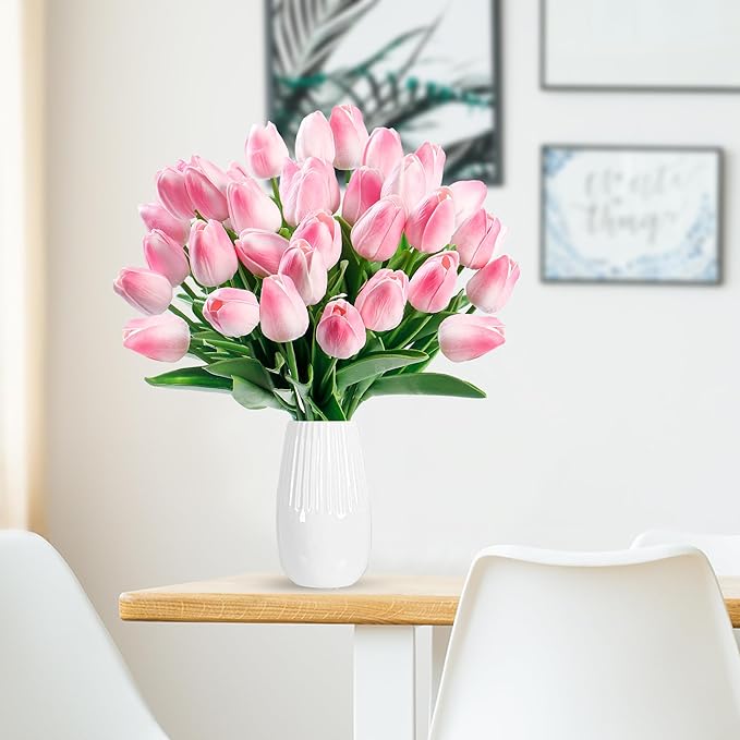 Sggvecsy 30 Pcs Fake Tulips Artificial Flowers Real Touch PU Faux Flowers Tulip Stems for Wedding Spring Bouquet Floral Arrangement Home Party Office Decorations for Mother's Day (Light Pink)