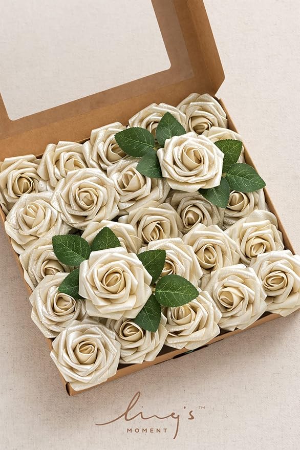 Ling's moment Artificial Flowers 25Pcs Champagne Gold Roses Decor w/Stems, 3" Real Touch DIY Foam Floral for Wedding Bouquet/Centerpieces, Outdoors Party Backdrop, Room/Table, Christmas Decor