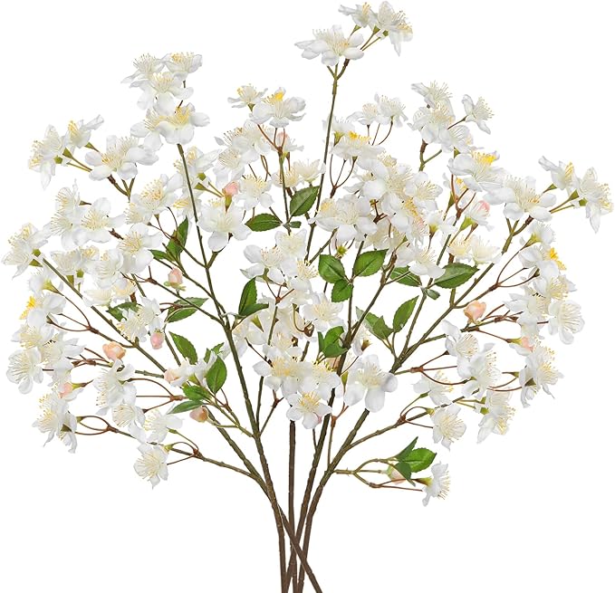 DILATATA Artificial Cherry Blossom Flowers 5 Pcs Silk Cherry Blossom Stems 27.5 Inch Long Stems Faux Silk Peach Flowers for Tall Vase Spring Decor Wedding Party Home Table Arrangement - White