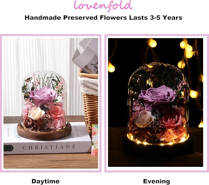 Flowers for Delivery Prime Preserved Flowers Lilac Roses with LED Light in a Glass Dome,Long Lasting Real Roses Birthday Gifts for Women Daughter Mom Wife Friend（Lilac Rose）