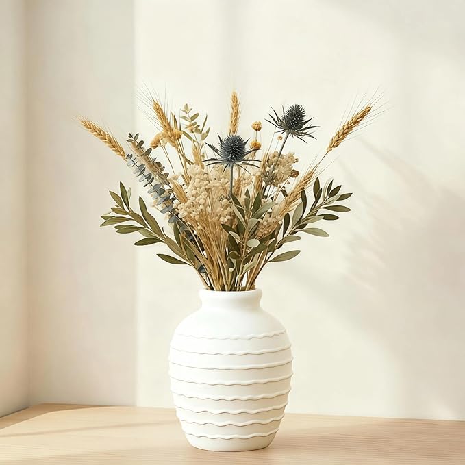 Ceramic Vase, 6.7 inch Ribbed Textured Minimalist Rustic Farmhouse Terracotta Vase for Home Decor, Table, Living Room, Entryway, Shelf, Mantel Decoration (Rice White)