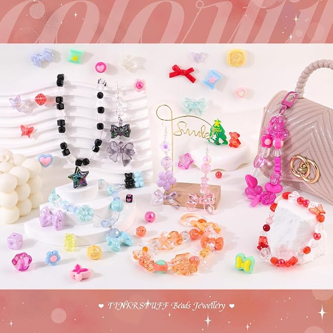 Assorted Acrylic Beads, 400-450PCS 6 Mixed Series Cute Beads for Bracelet Making, GummyBear Bow Flower Kawaii Charms for Jewelry Making DIY Necklace Keychain Phone Charm Christmas Gift