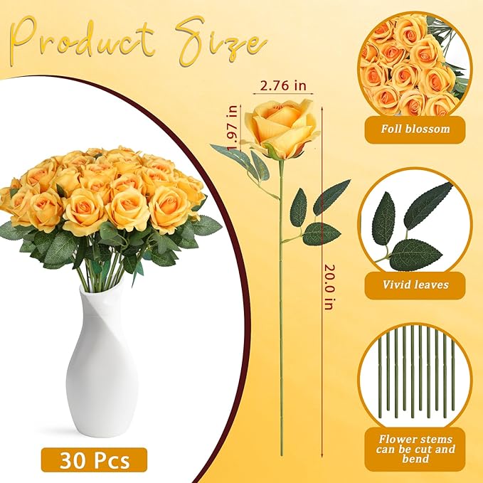 30pcs Fake Roses Artificial Silk Flowers Long Stems Bouquet for Wedding Bridal Shower Party Home Decoration (Gradient Yellow)