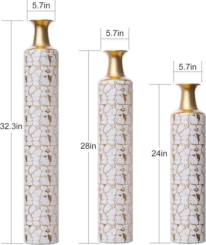 Tall Floor Vase Set of 3 - Oversized Modern Vintage Metal Vases for Living Room Decor, Gold Decorative Large Vases for Corner and Hallway