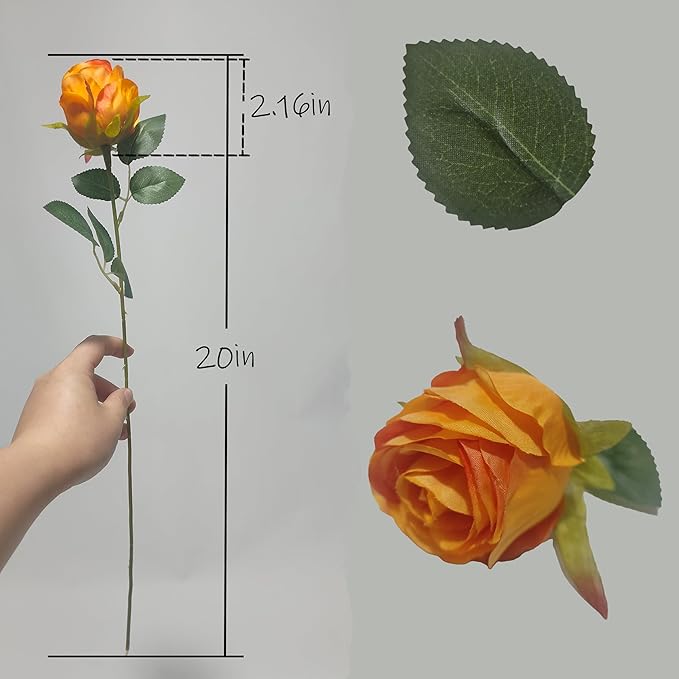 Artificial Roses 10 Pcs - Lifelike Single Stem Fake Roses with Natural Petal Texture,Fade-Resistant Silk Flowers for Wedding Decor,Home Vase Arrangements,Party Centerpieces(10, Orange)