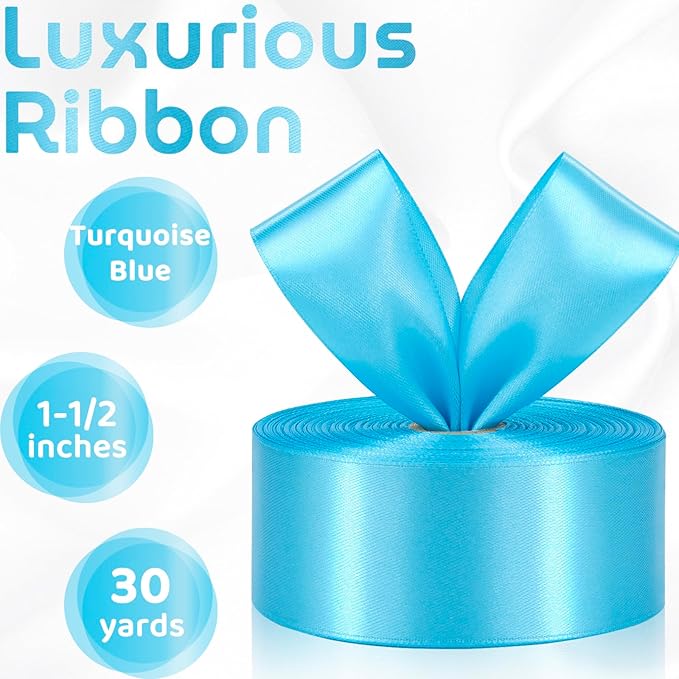 Turquoise Blue Ribbon 1-1/2 Inch 30 Yards Turquoise Blue Satin Ribbon for Flower Bouquet, Fabric Ribbon for Gift Wrapping Crafts Hair Accessories Sewing Wedding Christmas