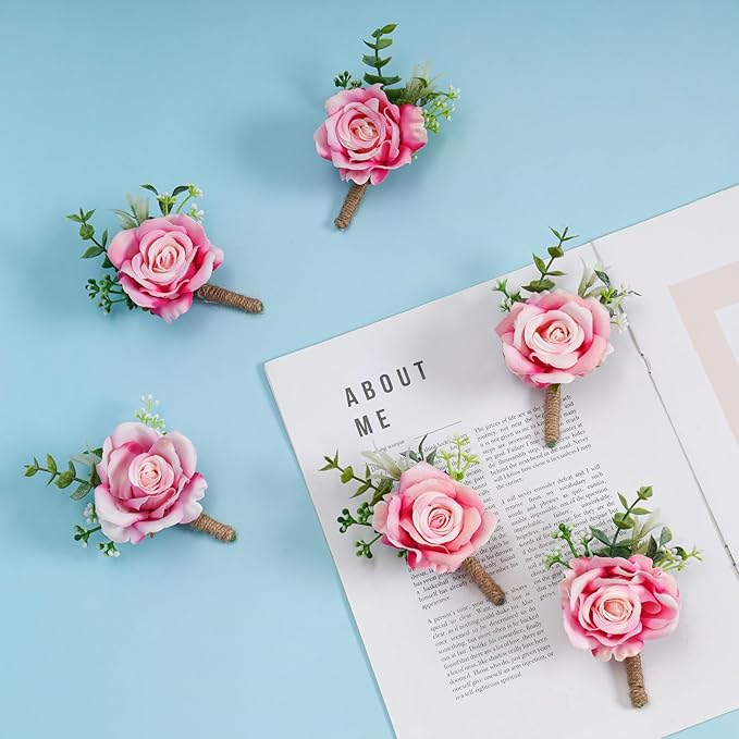 Pink Rose Boutonniere for Men Wedding Set of 6 Groom Groomsmen Best Man Artificial Flowers Boutonniere for Wedding Ceremony Anniversary Prom Flowers Formal Dinner Party (6, Gradient pink, Middle)