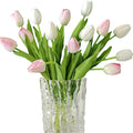 12pcs Tulips Artificial Flowers Real Touch Silk Faux Flowers Tulip Stems for Wedding Spring Bouquet Floral Arrangement Home Party Office Decorations (White & Pink)