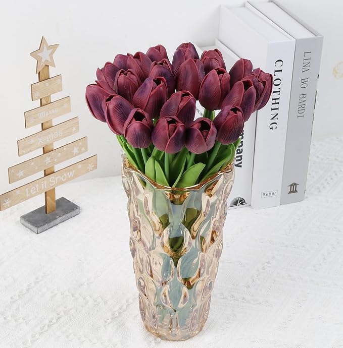 IPOPU Tulips Artificial Flowers 24PCS Burgundy Flowers Real Touch Tulips Fake Tulips Burgundy Silk Flowers Faux Flowers for Home Decoration Wedding Bouquet Party Baby Shower