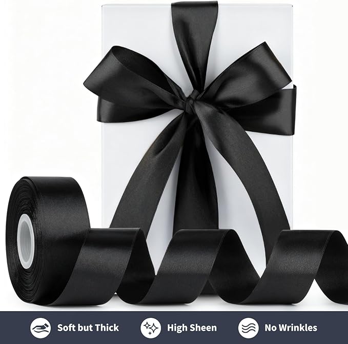 1-1/2 Inch Wide Black Satin Ribbon, 50 Yards Solid Polyester Fabric Ribbon for Roses Making, Gift Wrapping, Christmas, Wedding Decorations, Crafts, Bows