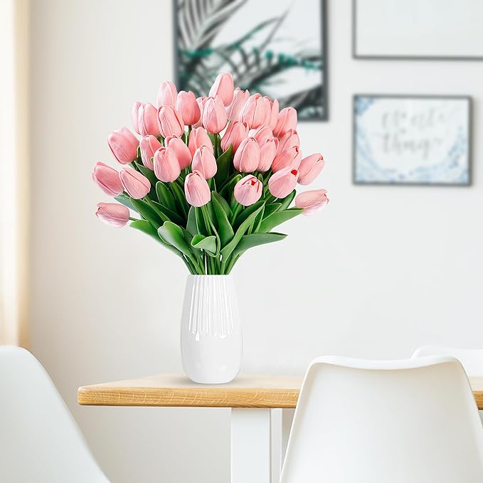Sggvecsy 30 Pcs Fake Tulips Artificial Flowers Real Touch PU Faux Flowers Tulip Stems for Wedding Spring Bouquet Floral Arrangement Home Party Office Decorations for Mother's Day (Milk Pink)