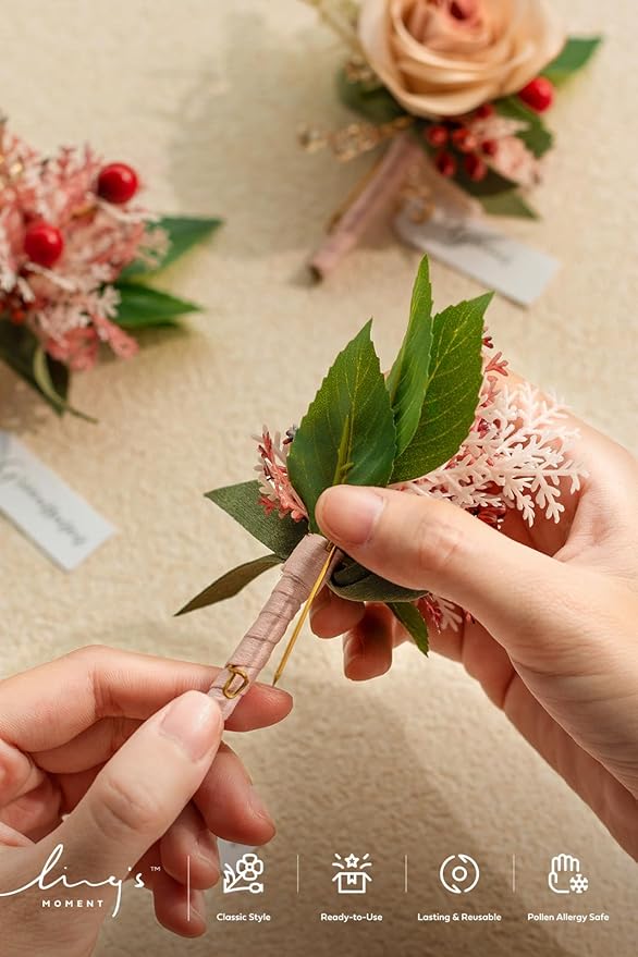 Ling's moment Boutonniere for Men, 6pcs Groom Groomsmen Boutonniere, Artificial Flowers for Wedding Decor/Prom/Homecoming, etc.Cinnamon Rose Pink