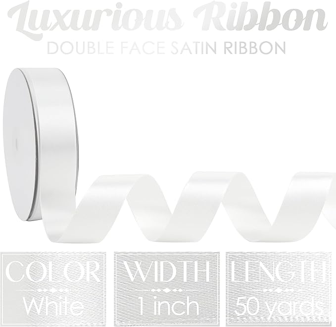MEEDEE White Ribbon 1 Inch White Satin Ribbon Lux Double Faced Satin Ribbons by 50 Yards Polyester Wrapping Ribbons for Crafts, Weddings, Flower Bouquet, Holiday Decorating