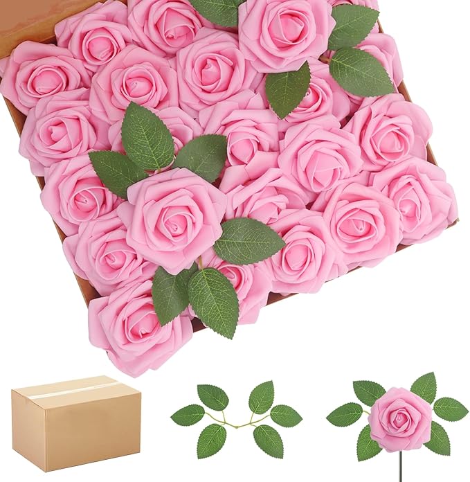 Artificial Flowers Roses Real Looking Foam Fake Roses with Leaves and for DIY Wedding Bouquets Bridal Shower Centerpieces Party Decorations (Dark Pink, 200)