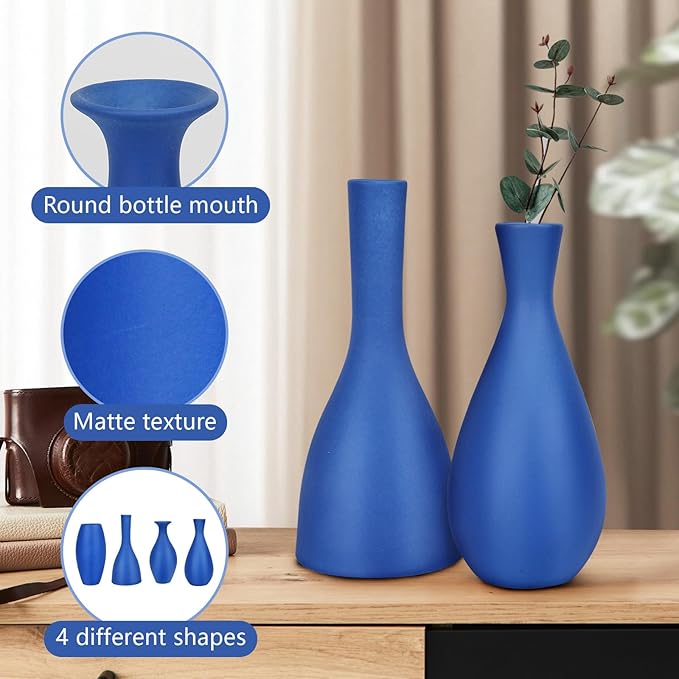 Matte Blue Ceramic Vase 4 Piece Set, Navy Blue Vase for Rustic Modern Home Decor, Coastal Decorative Vases for Living Room, Kitchen,Table,Shelf,Office,Housewarming,Gift