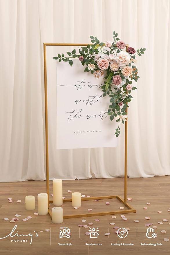 Ling's Moment Wedding Artificial Welcome Sign Flowers Swag Arch Floral Garland Decorations Dusty Rose Cream Ceremony Reception Entrance Entryway Party Banquets Easel Wall Home Outdoor(NOT Include Sign