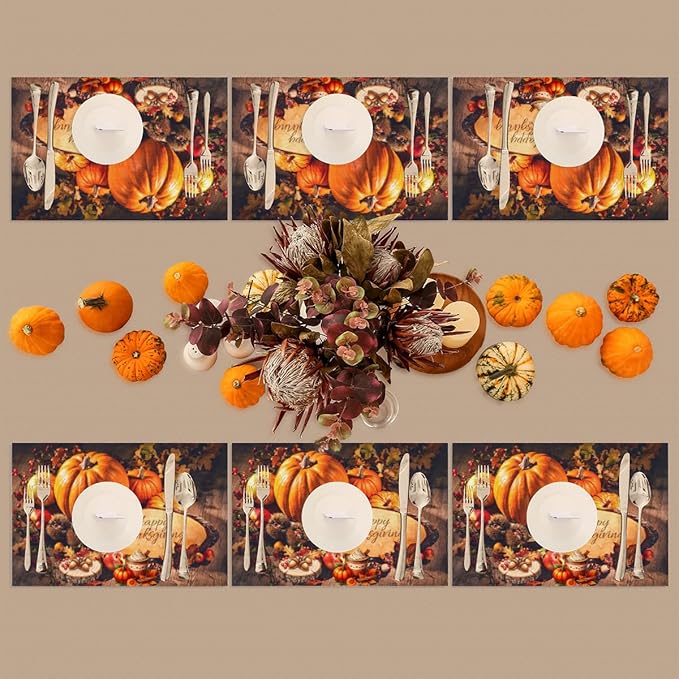 Thanksgiving Holiday Modern Pumpkins Placemats Set of 1 PVC Vinyl Non Slip Table Mats Heat Resistant Place Mats Washable Wipeable Dining Table Mat for Kitchen Party Indoor Outdoor Decorative Gift