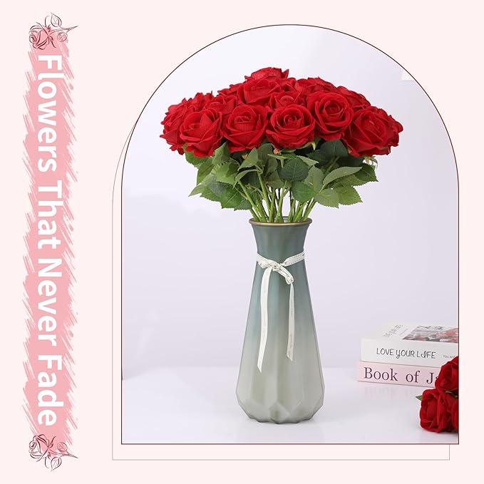 52 PCS Red Roses Artificial Flowers, Fake Red Rose Bouquet, Artificial Silk Red Roses with Stems for Wedding Flowers Decoration, Valentines Day Mothers Day, Bridal Bouquet Roses