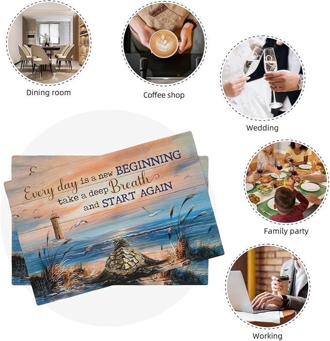 Sea Turtle Beach Summer Placemats Set of 4 Coastal Lighthouse Nautical Inspirational Quotes Double-Sided Table Mats for Dining Room Home Party Indoor 4 PCS 12x18 Inch