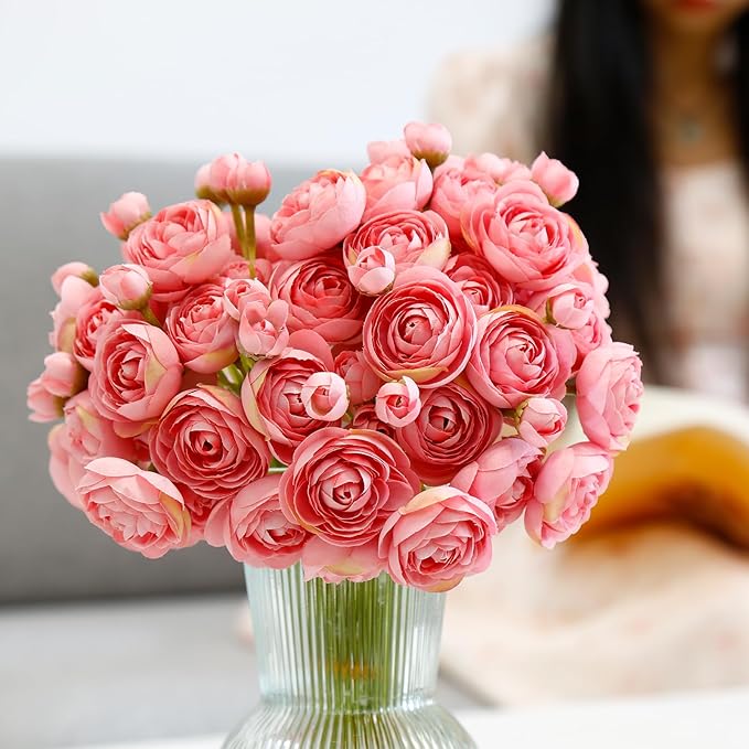 24 Pcs Ranunculus Artificial Flowers 10.5", Mini Faux Silk Ranunculus with Stem, Fake Flowers for Home Decor Indoor Wedding Bouquets Centerpieces (Coral)