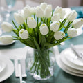 WeTop 30pcs Real Touch Tulips PU Artificial Flowers, Fake Tulips Flowers for Arrangement Wedding Party Easter Spring Home Dining Room Office Decoration. (White, 14" Tall)