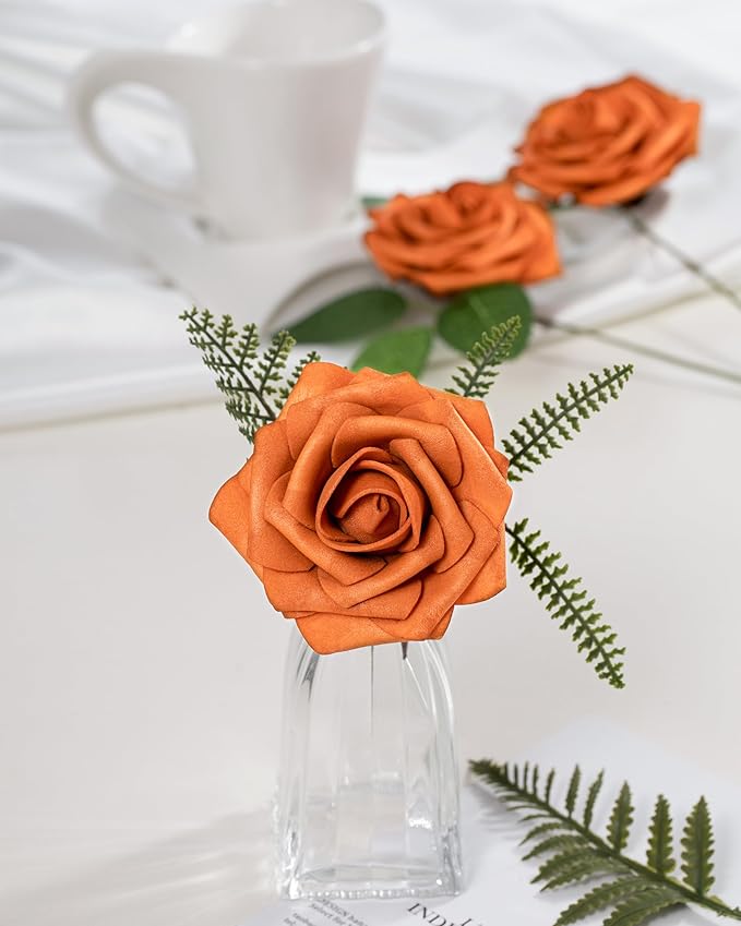 DuHouse 25Pcs Artificial Roses Flowers Fake Rose with Stems Real Touch Foam Flowers for DIY Wedding Bouquet Baby Shower Centerpiece Floral Arrangement Party Home Decor(Burnt Orange)