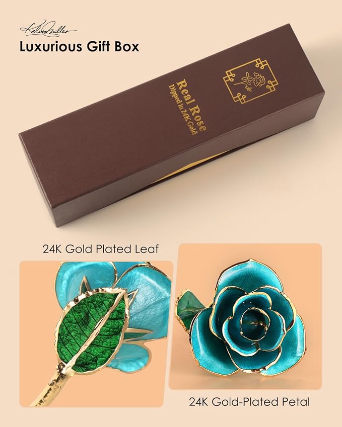 24K Gold Dipped Real Rose – Handcrafted, One of a Kind Gift – Timeless Romantic Present for Birthday, Valentine’s, Mother’s Day, Anniversary (Turquoise Blue)