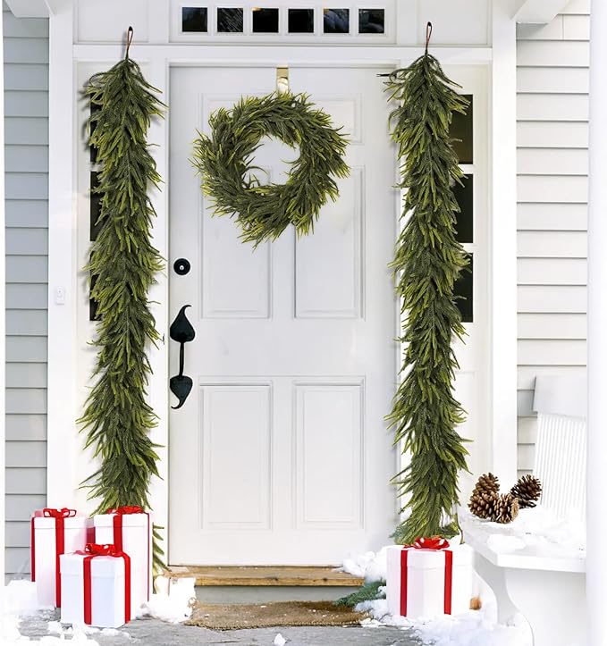 N&T NIETING 9FT Christmas Norfolk Pine Garland Real Touch Pine Artificial Garlands Faux Greenery Garland Winter Christmas Garland for Table Mantle Fireplace Indoor Outdoor Xmas Decorations (1 Pcs)