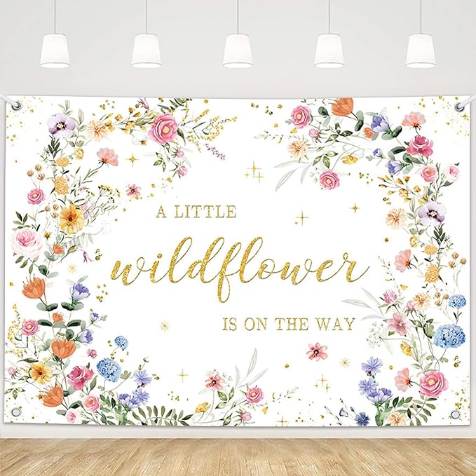 MEHOFOND 7x5ft Wildflower Baby Shower Decorations Banner A Little Wildflower is On The Way Baby Shower Backdrop Floral Theme Baby Girls' New Born Photoshoot Background