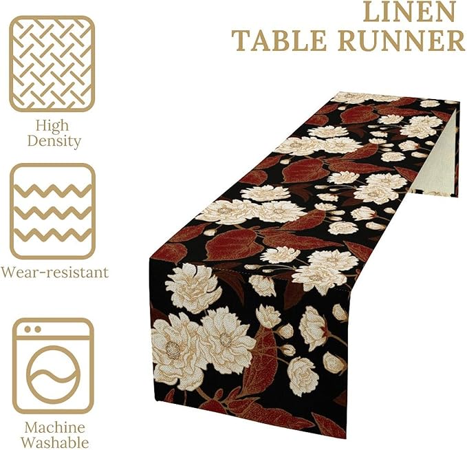 Red Gold Floral Table Runner, Boho Dark Flower Leaves Chinese Plum Blossoms Botanical Vintage White Gold Art Print Table Runner for Spring Holiday Decor, 13x120inch