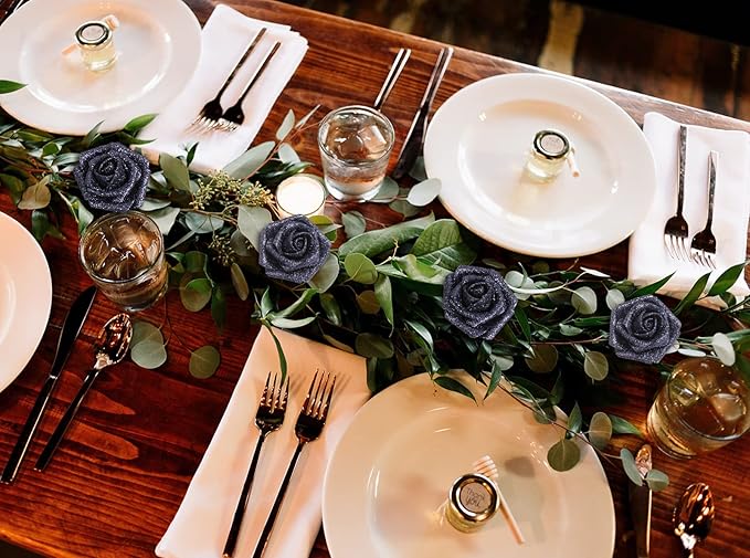 IPOPU Black Glitter Roses, 25pcs Foam Glitter Roses Glitter Flowers Foam Rose with Stem for DIY Wedding Bridal Bouquet Home Party Decoration(Black)