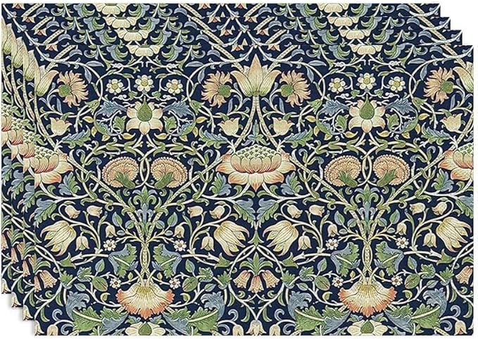 William Morris Flower Placemats Set of 4, Vintage Botanical Plant Place Mats, Heat Resistant Non Slip Cotton Linen Dining Table Mats for Home Kitchen Party 18x12 Inch