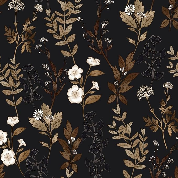 Black Floral Peel and Stick Wallpaper 17.4" x 197" Vintage Dark Gold Leaf Contact Paper Waterproof Self-Adhesive Vinyl Wall Covering for Bedroom Bathroom Countertop Cabinets, Boho Wall Decor
