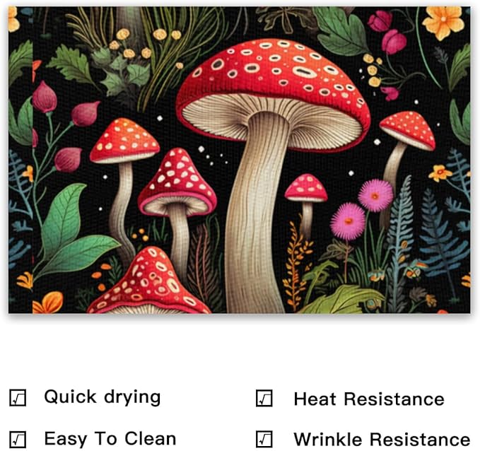 Placemats Set of 4 Waterproof Oilproof Table Mats Mushroom Pattern Washable Wipeable Heat Resistant Easy to Clean for Indoor Outdoor Party Kitchen Dining Table Decoration 12 * 18in