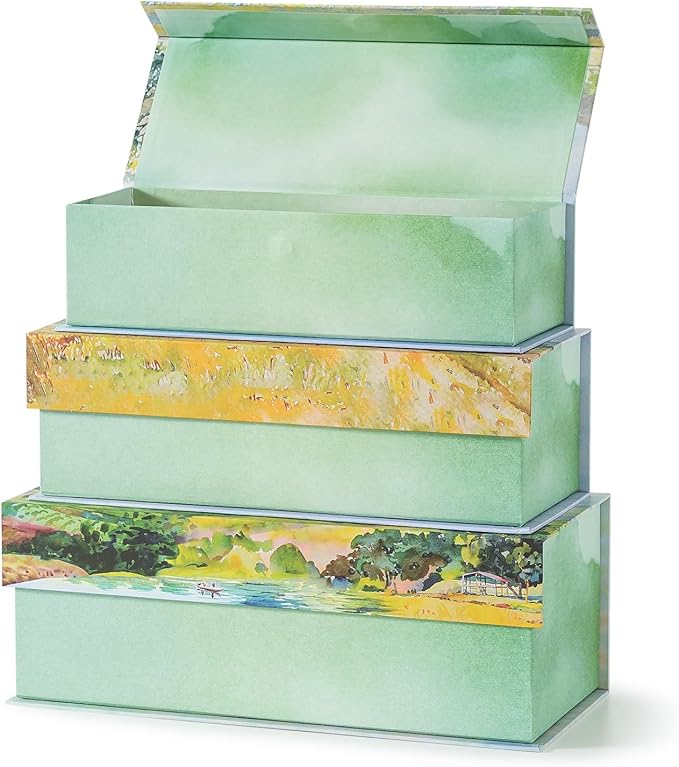 Soul & Lane Decorative Storage Boxes with Lids, Set of 3 Cardboard Boxes for Home Décor and Documents, Memory Organizers for Keepsakes with Magnetic Closure, Photo Storage, Pastoral Tranquility