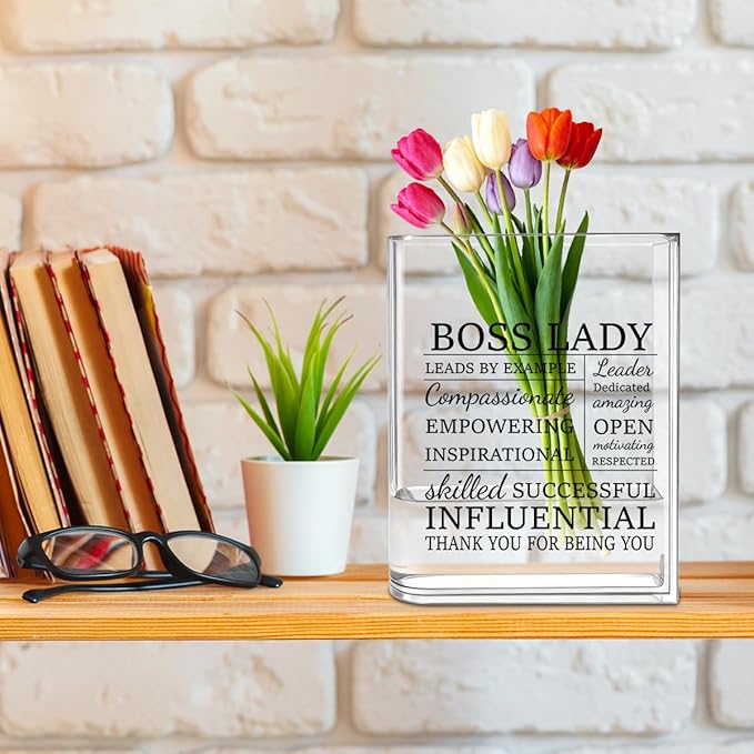 Boss Lady Bosses Day Gifts for Women Men Manager Funny Office Decor for Women Wooden Acrylic Book Flower Vase National Boss Day Decorations Gifts for Leader HR Men Manager Office Bookshelf Desk Decor