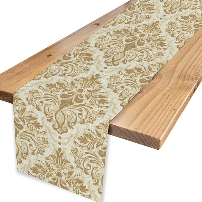 Golden Damask Table Runner, Luxury Antique White Gold Bohemian Exotic Flower Cafe Table Center Decor for Home Kitchen Dining Patio Holiday Party Indoor Outdoor Table Decorations 13x72 inch