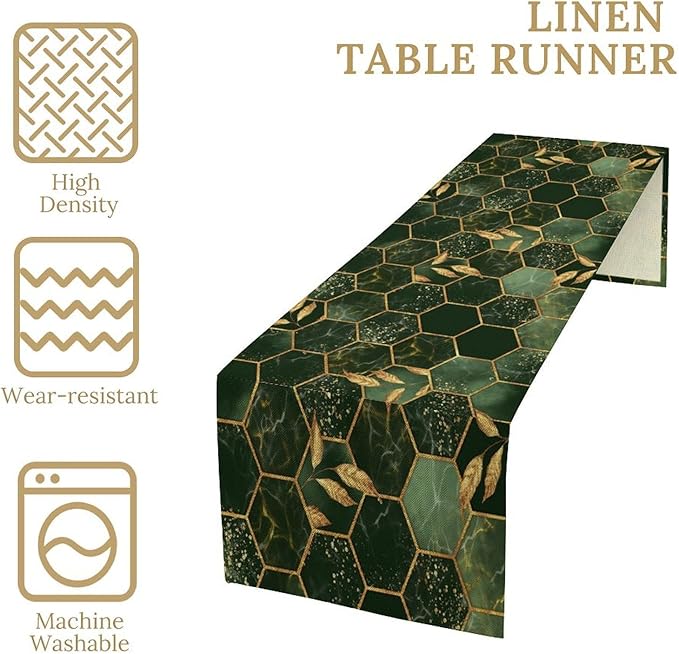 Hunter Green Marble Table Runner Abstract Dark Emerald Green Marble Hexagon Texture Golden Leaves Dinner Runner Table Decoration for Home Kitchen Dining Holiday Party 13x70in
