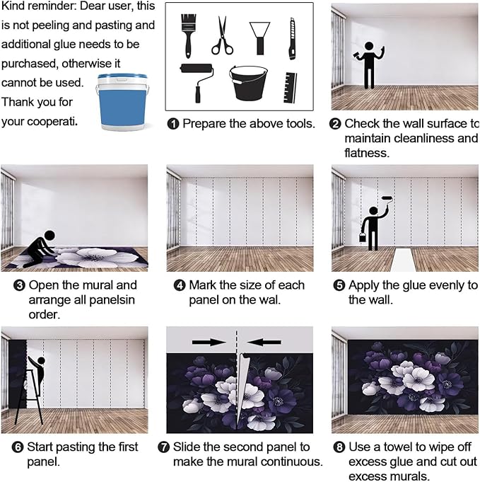 Dark Peony Floral Wall Mural, Purple and Black Flower 3D Wall Murals, Luxury Botanical Wallpaper Mural, for Living Room Bedroom Large Wallpaper Indoor Decor 157.5" W x110.3 H