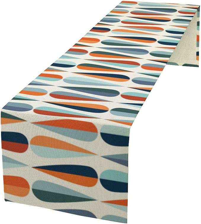 Mid Century Modern Table Runner Retro Blue Orange Grey Water Droplets Geometric Table Runner for Kitchen Dining Room Dining Table Decoration 13x108in
