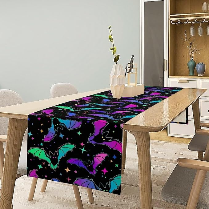Gothic Table Runner,Colorful Bat Star Pattern Table Runner for Home Kitchen Table Dining Garden Farmhouse Wedding Party Decor 13x60 Inch