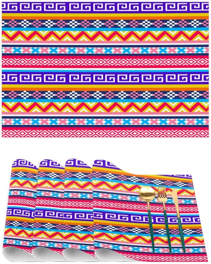Aztec Rainbow Western Placemats Set of 4 PVC Vinyl Non Slip Table Mats Waterproof Heat Resistant Place Mats Washable Wipeable Dining Table Mat for Kitchen Party Indoor Outdoor Decorative